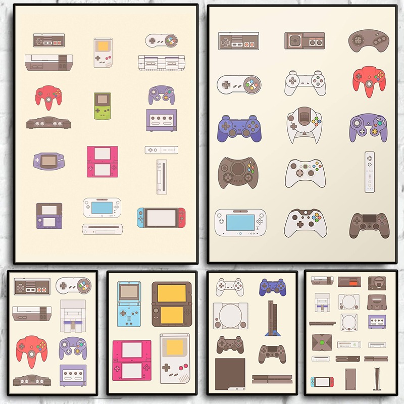 Handheld Game Console - โปสเตอร์วิดีโอเกมแบบพกพาและคอนโซล ภาพพิมพ์บนผ้าใบลายเกมแพด ตกแต่งผนังห้องเล่นเกม ห้องแมนเคฟ ของตกแต่งบ้าน